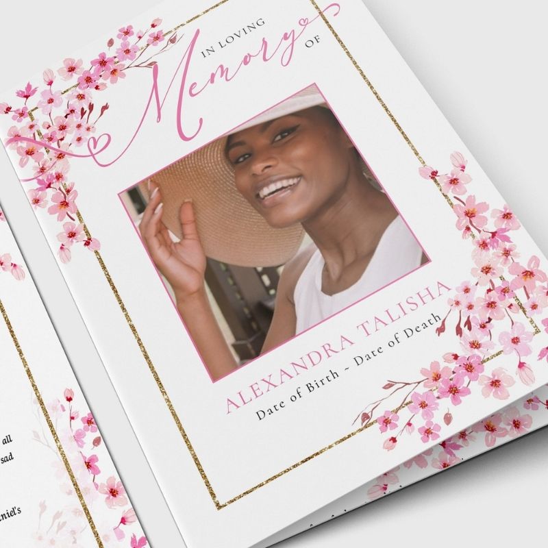 Cherry Blossom & Gold Frame Funeral Program Template 6