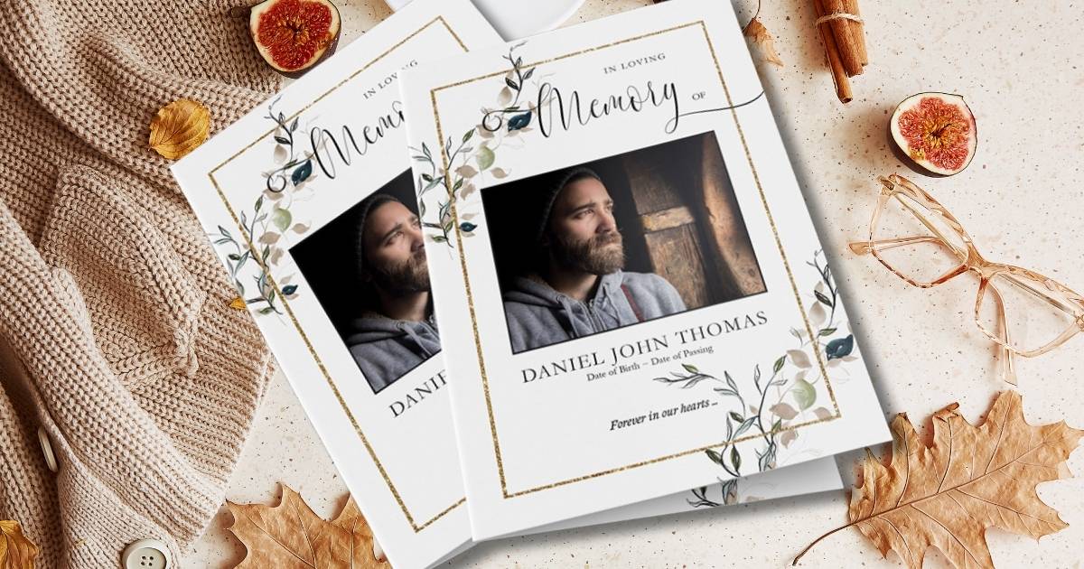 Gold Frame and Leaves Funeral Program Template