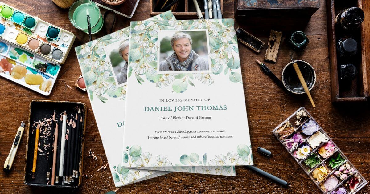 Watercolor Eucalyptus White Flowers Funeral Program Template